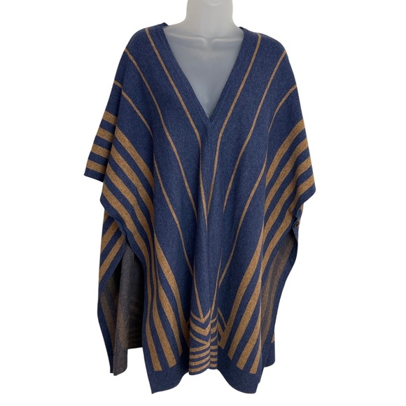 Baciano Bacci Cape Poncho Medium Blue Brown Striped Open Front Artsy Knit Cozy - Picture 1 of 12